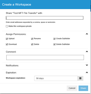 Screen capture of create a workspace webpage.
